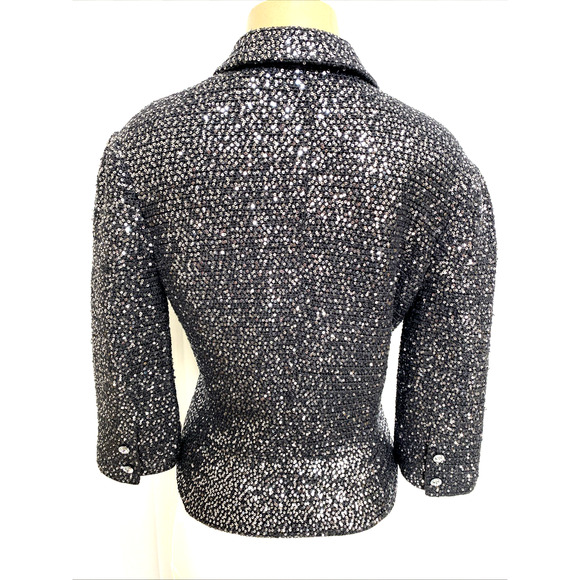 IISLI Tiffany Fuller Jacket Sequin Gray Metallic Two Button 3/4 Sleeve Knit 8 - Picture 5 of 10